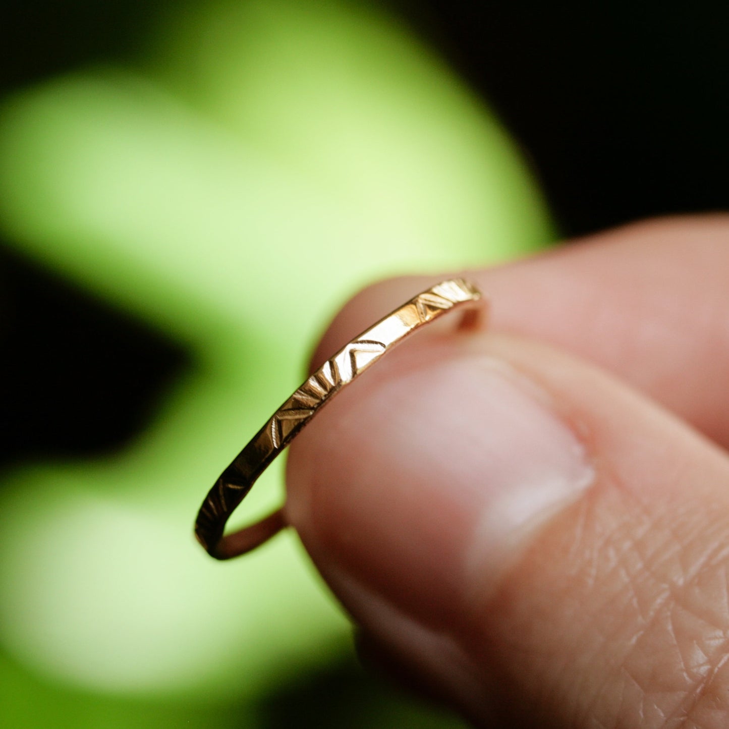 mountain sunrise hand stamped gold ring band