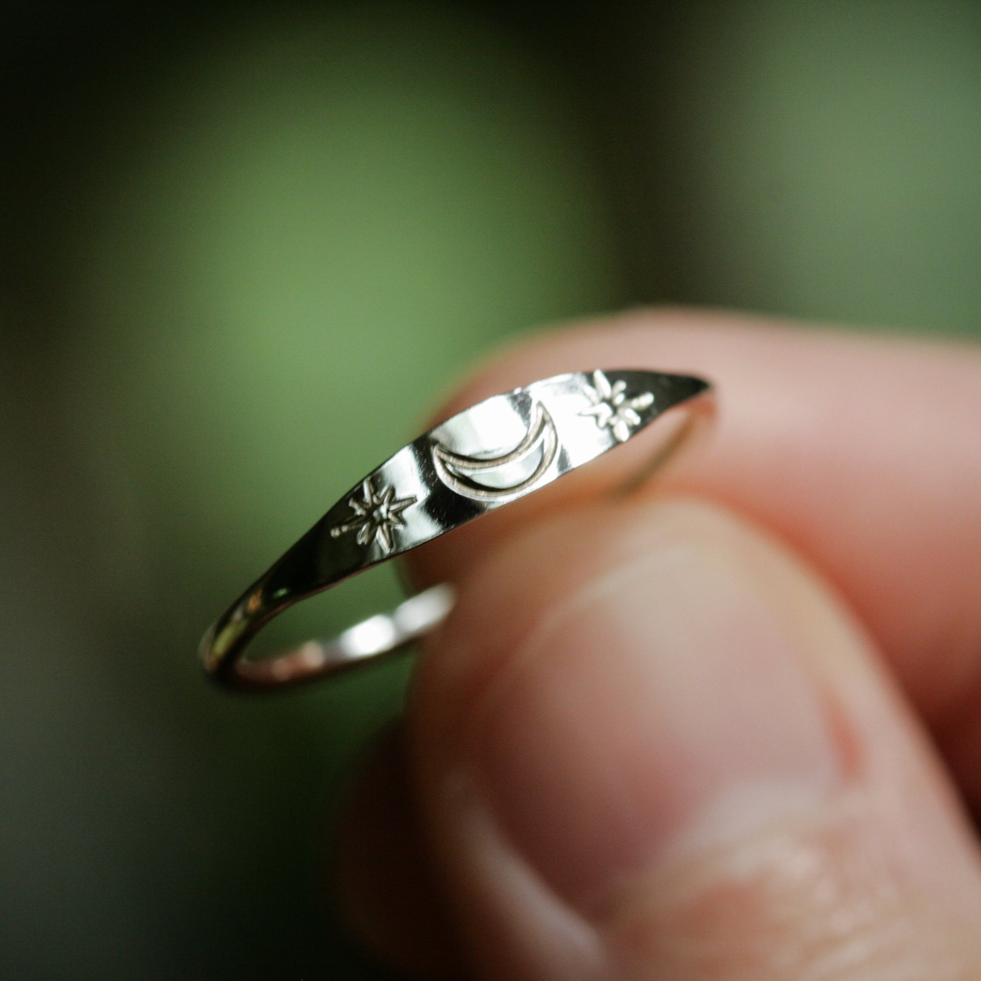 silver celestial ring with crescent moon and north stars