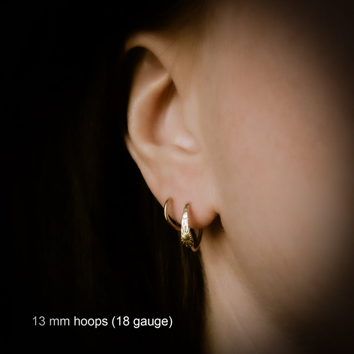 solid gold sun stamped hoop earrings